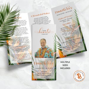 Puede incluir: Un folleto conmemorativo tríptico con una foto de un hombre, texto y detalles florales. El folleto incluye el nombre David Kelsey, fechas, orden del servicio y un poema. Se incluyen múltiples tamaños.