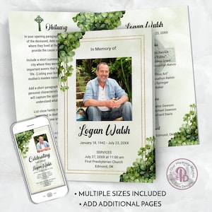 May include: A green and gold funeral program template with a photo of a man in a green shirt. The program includes the name Logan Walsh, dates of birth and death, and service information. The text "In Memory of" is at the top of the page.