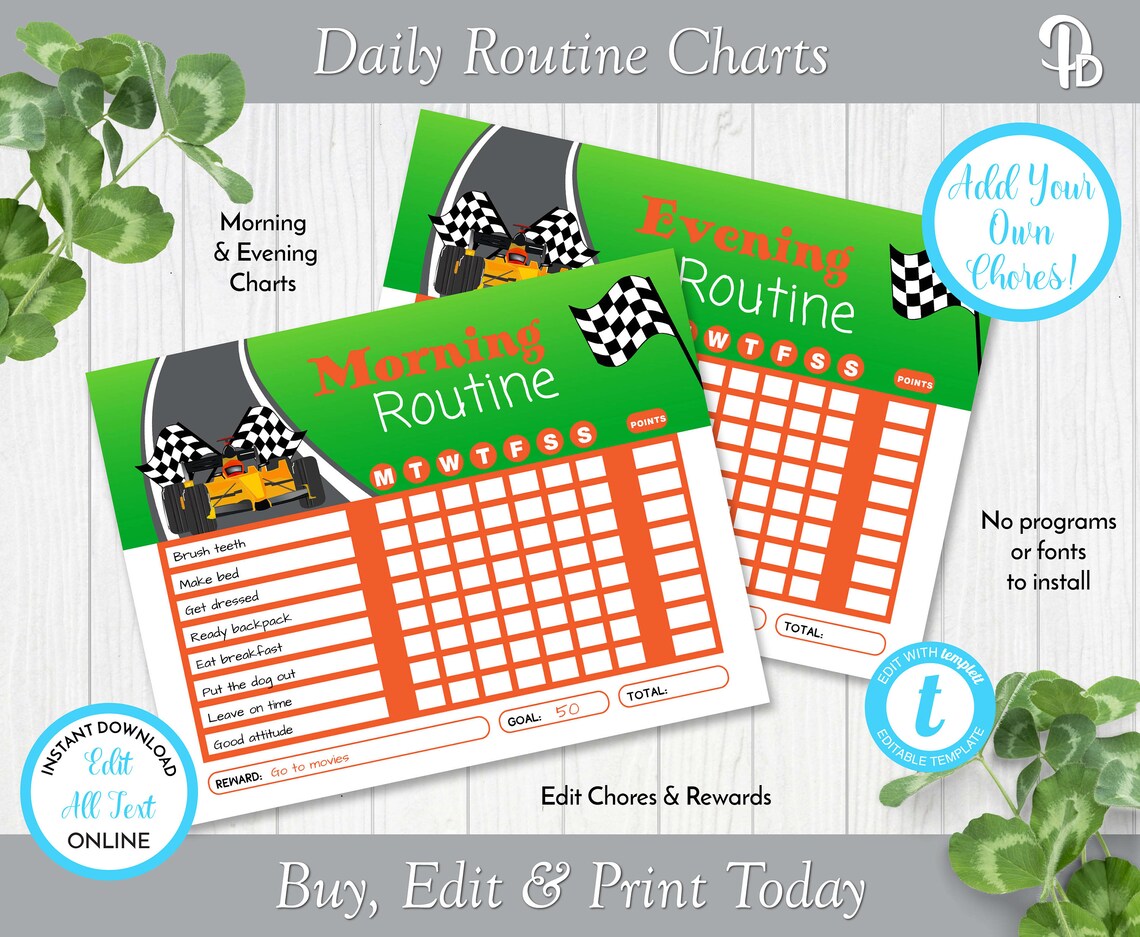 Race Car Children's Daily Routine Charts, Morning Routine Chart ...