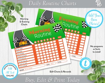 Race Car Children's Daily Routine Charts, Morning Routine Chart, Bedtime Routine Chart, Edit in Templett, ZDC 26010 C110