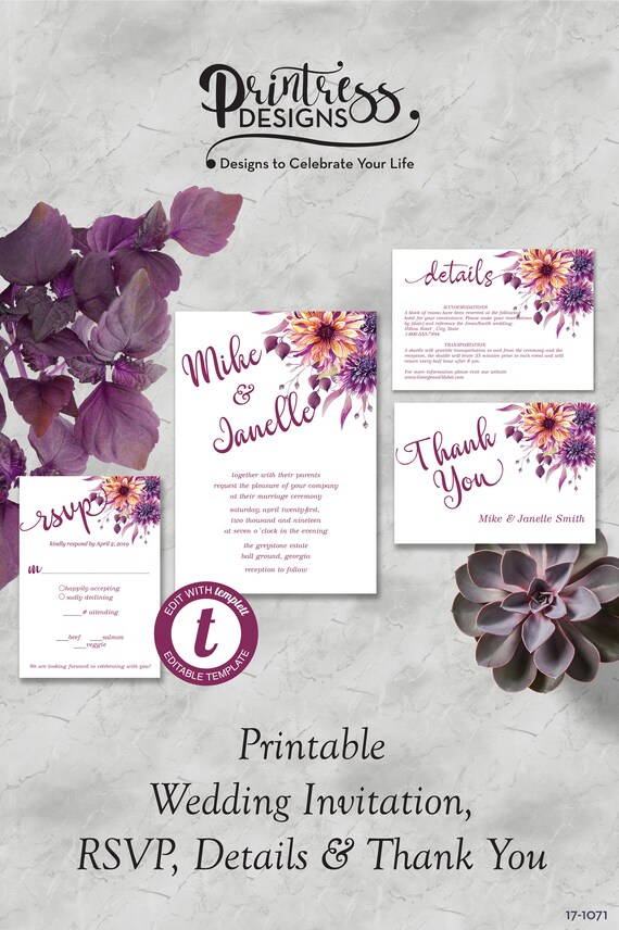 Purple Dahlia Wedding Invitation Suite, Floral Wedding Invitation