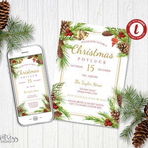 Puede incluir: Una invitación imprimible a un potluck navideño con un marco dorado y ramas de pino, piñas, bayas rojas y campanas en acuarela. El texto dice "Por favor, únase a nosotros para un potluck navideño Sábado 15 Diciembre 19:00-00:00 El hogar de los Taylor 123 Any Street Hometown, USA RSVP a Angela al 555-789-6542 Por favor, traiga un regalo de Secret Santa para compartir (menos de $25)"