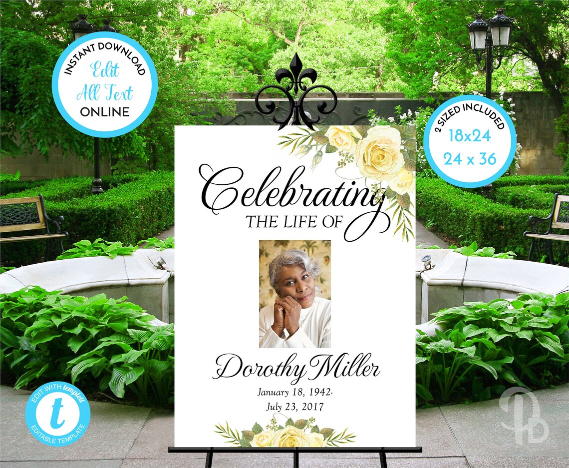 Yellow Roses Funeral Vector Soft Yellow Roses Funeral Welcome Sign, Celebrating the Life of Sign ...