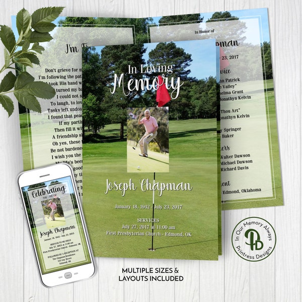 Golfer's Memorial Service Template, Obituary/Order of Service Template, Printable Funeral Program Template, Edit In Templett, ZFP 21003