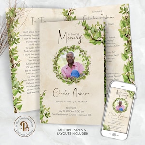 Greenery Vine Wreath Funeral Program Template, Order of Service, Celebration of Life Program, Memorial Service, Editable Printable QFP 21547