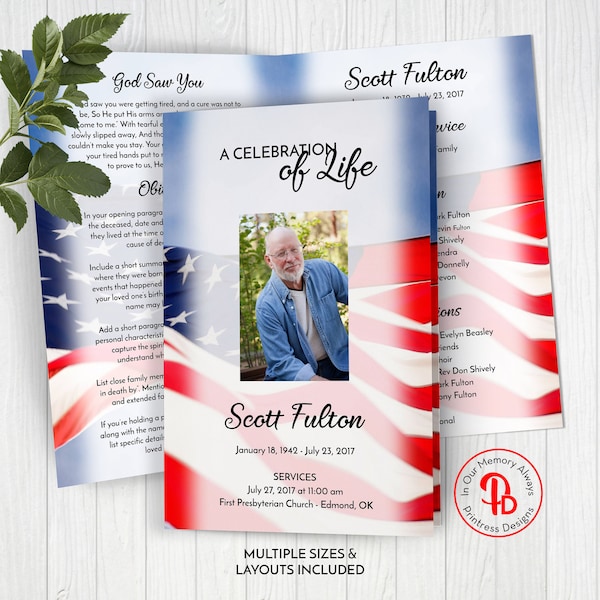 Waving Flag Funeral Program Template, Patriotic Obituary/Order of Service, Printable Memorial Service Template, Edit in Templett, ZFP 21062