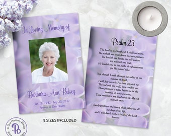 Tarjeta de oración de recuerdo de funeral lila, favor conmemorativo, recuerdo de celebración de la vida, en memoria amorosa Editar en Templett ZPC 21027