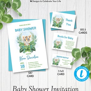 Blue-eyed Baby Tiger Baby Shower Invitation Set, Editable Baby Gender Neutral Shower Invitation Template, Edit in Templett, ZBS 12018