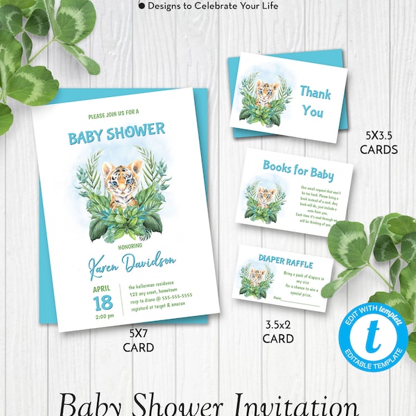 Blue-eyed Baby Tiger Baby Shower Invitation Set, Editable Baby Gender Neutral Shower Invitation Template, Edit in Templett, ZBS 12018