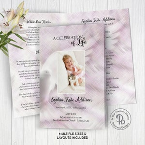 May include: A pink and white memorial service programme with a photo of a young girl holding a kitten. The programme includes the name Sophia Kate Addison, dates of birth and death, and information about the service. The text "A Celebration of Life" is printed in a decorative font.