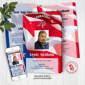 Patriotic US Flag Funeral Program Template, Obituary/Order of Service Template, Printable Memorial Service, Edit in Templett, ZFP 21119