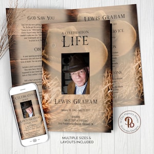 Cowboy Hat & Rope Funeral Program Template, Obituary/Order of Service Template, Printable Memorial Template, Edit in Templett, ZFP 21083