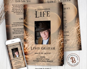 Cowboy Hat & Rope Funeral Program Template, Obituary/Order of Service Template, Printable Memorial Template, Edit in Templett, ZFP 21083