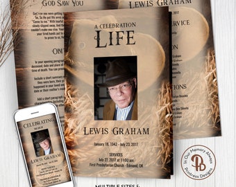 Cowboy Hat & Rope Funeral Program Template, Obituary/Order of Service Template, Printable Memorial Template, Edit in Templett, ZFP 21083