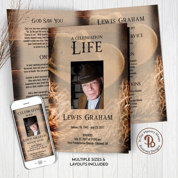 Cowboy Hat & Rope Funeral Program Template, Obituary/Order of Service Template, Printable Memorial Template, Edit in Templett, ZFP 21083