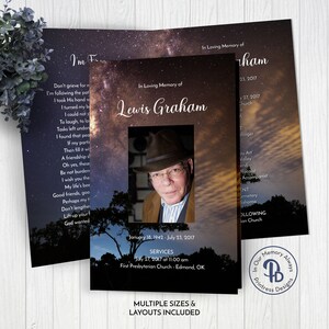May include: A memorial card with a starry night sky background and a photo of a man in a hat. The card reads "In Loving Memory of Lewis Graham" and includes dates of birth and death, as well as service information.