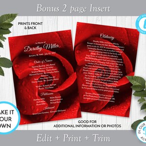 Red Rose Funeral Program Template, Obituary/order of Service Template, Printable Memorial ...