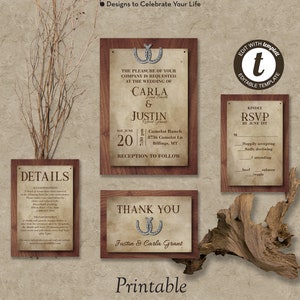 Rustic Horseshoe Wedding Invitation Suite, Country Wood Wedding Invite, Printable Wedding Template, Edit in Templett, ZWA 17124