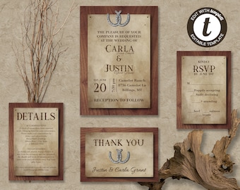 Rustic Horseshoe Wedding Invitation Suite, Country Wood Wedding Invite, Printable Wedding Template, Edit in Templett, ZWA 17124