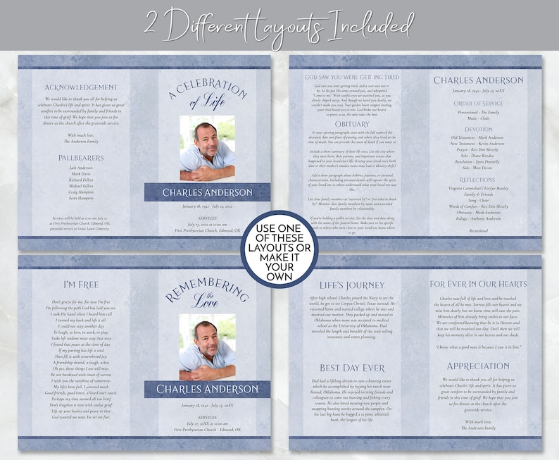 Classic Blue Funeral Program Template Obituaryorder of Etsy