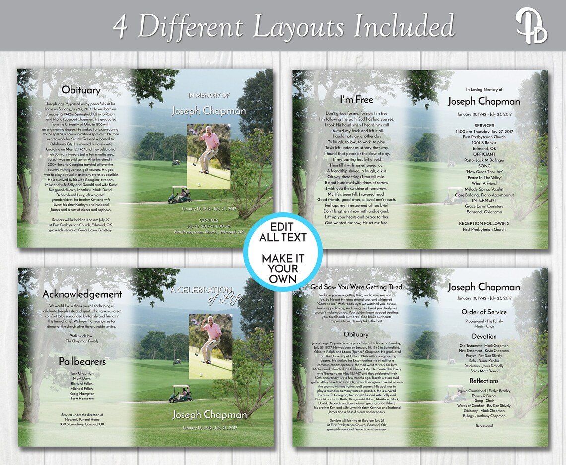 Golfer's Funeral Program Template Obituary/Order of | Etsy