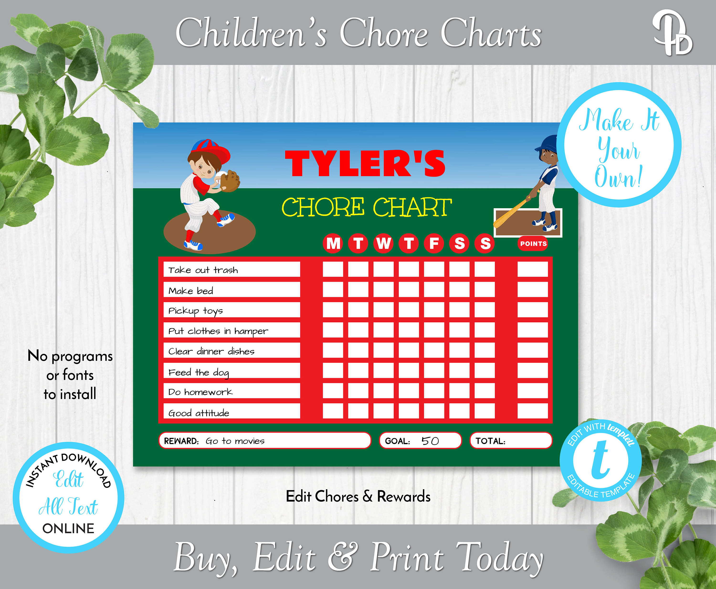 Baseball Childrens Chore Chart Editable Reward Chart