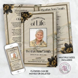 Op de afbeelding: Een beige en gouden sjabloon voor een begrafenisprogramma met zwarte bloemmotieven. Het programma bevat een foto van een vrouw, de tekst "Een viering van het leven" en de naam "Bertha Ann Smith".