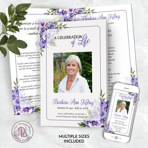 Könnte beinhalten: Eine Gedenkkarte im floralen Design in Lila und Weiß mit einem Foto einer Frau und dem Text "A Celebration of Life" und "Barbara Ann Kelsey". Die Karte enthält auch die Daten "January 18, 1942 - July 23, 20XX" und Informationen über die Gedenkfeier.