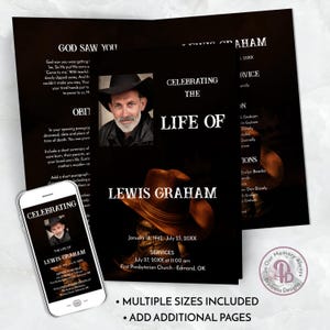 Editable Cowboy Funeral Program Template, Boots and Hat Memorial Service Brochure, Printable Western Celebration of Life Pamphlet, QFP 21285