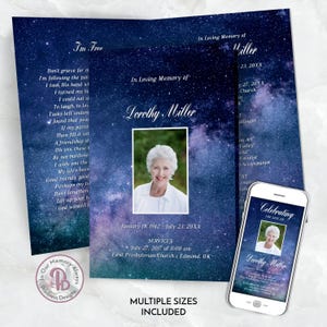 May include: A memorial card with a starry night sky design. The card features a photo of Dorothy Miller, with dates January 18, 1942 - July 23, 20XX. The card also includes the text "In Loving Memory of Dorothy Miller."