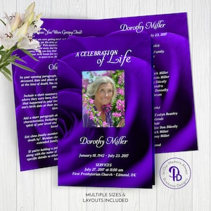 Purple Rose Funeral Program Template, Obituary/Order of Service Template, Printable Memorial Service Template, Edit in Templett, ZFP 21021