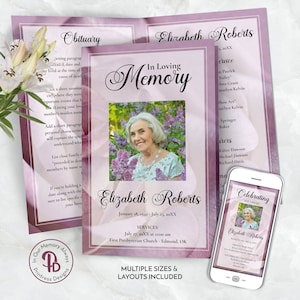 Mauve Rose Funeral Program, Obituary Template, Celebration of Life Program, Memorial Service, Editable Templett QFP 21236