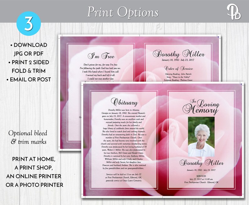 Delicate Pink Rose Funeral Program Template Obituary/Order of Etsy