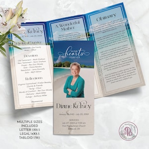 Programme de funérailles à trois volets de Footprints in the Sand, modèle de nécrologie, programme de célébration de la vie, service commémoratif, Templett QFP3 21293