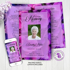 Könnte beinhalten: Lila-weißes Blumen-Trauerprogramm mit einem Foto einer Frau und dem Text "In Loving Memory Dorothy Miller" und "Celebrating The Life Of Dorothy Miller".