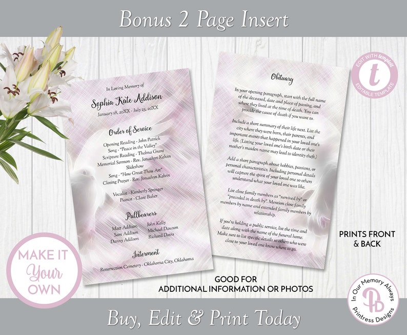 Pink Dove Funeral Program Template Obituary/order of Service Etsy