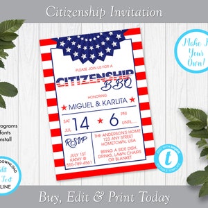 Citizenship BBQ Party Invitation, Citizenship Celebration, Naturalization Celebration, Edit in Templett, ZSS 19009