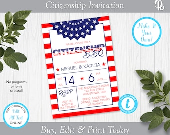 Citizenship BBQ Party Invitation, Citizenship Celebration, Naturalization Celebration, Edit in Templett, ZSS 19009