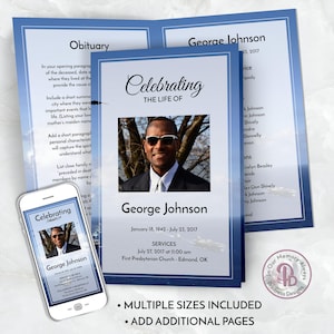 May include: A blue and white funeral program template with a photo of a man wearing sunglasses. The program includes the text "Celebrating the Life of George Johnson" and the dates January 18, 1942 - July 23, 2017. The program also includes the text "Services" and the date July 27, 2017 at 11:00 am. The program also includes the text "First Presbyterian Church - Edmond, OK".