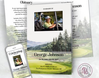 Golfer’s Memorial Service Program Template, Outdoors Celebration of Life Obituary Pamphlet, Golf Lover’s Memorial Service Booklet QFP 21588