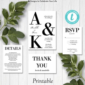 May include: Printable wedding invitation, RSVP, details and thank you cards with black text on a white background. The invitation features the couple's names, wedding date, time, and location. The RSVP card includes a space for guests to indicate their attendance and meal preference. The details card provides information about accommodations and transportation. The thank you card expresses gratitude to guests for attending the wedding.