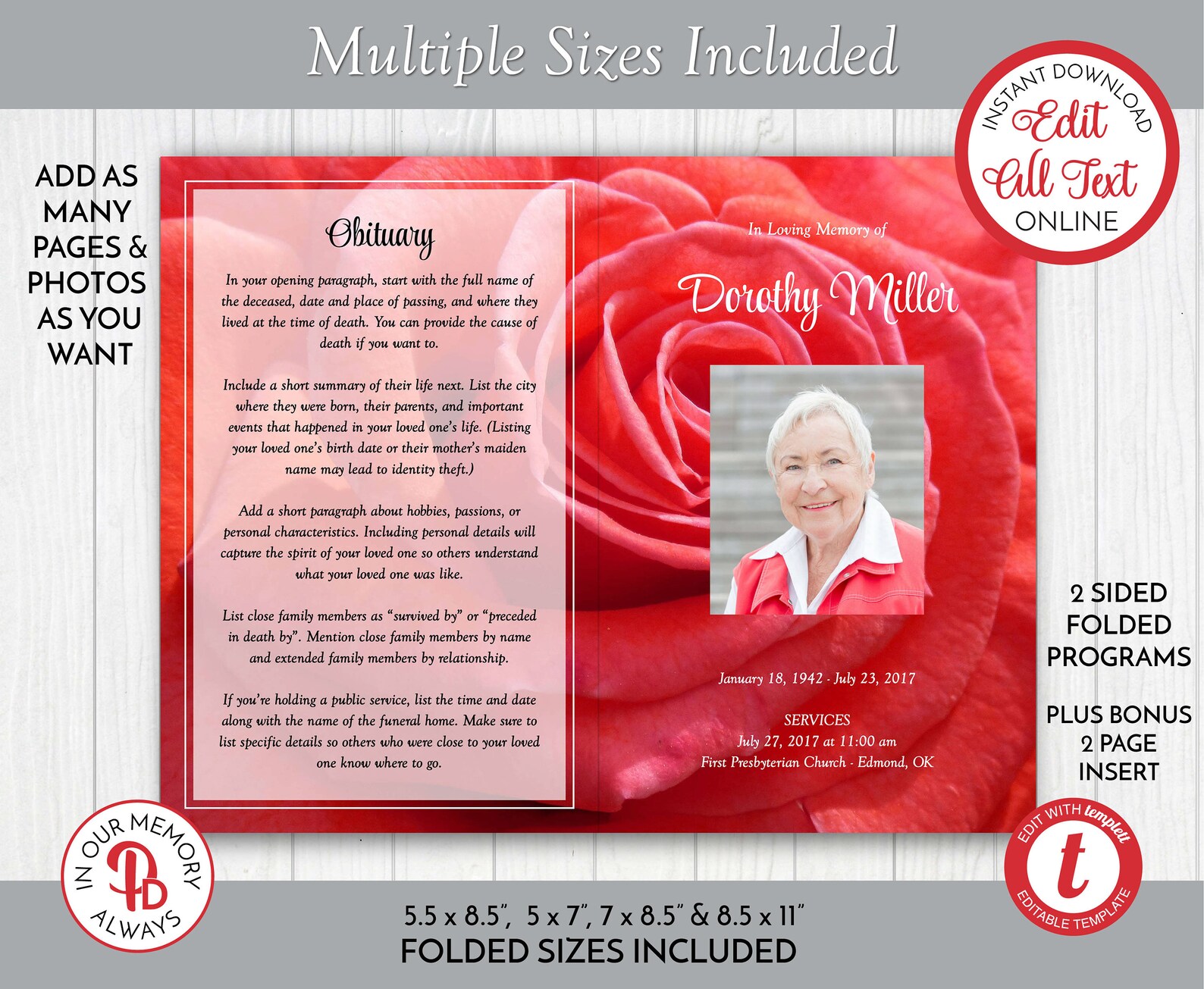 Coral Red Rose Funeral Program Template, Obituary/order of Service