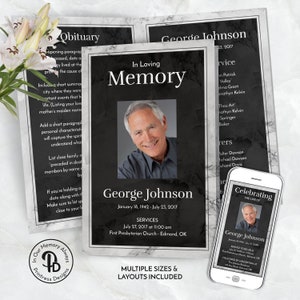 Black and Gray Marble Funeral Program, Obituary Template, Celebration of Life Program, Memorial Service, Editable Templett QFP 21237
