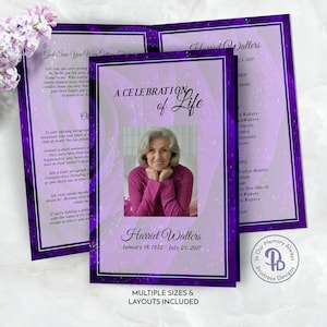Dew On Purple Rose Funeral Program, Obituary Template, Celebration of Life Program, Printable Memorial Service, Editable, Templett QFP 21134