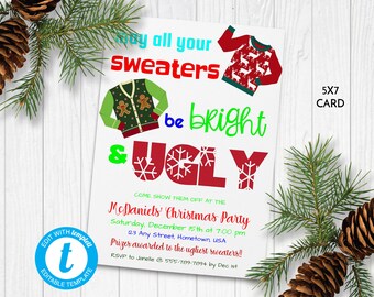 Ugly Sweater Christmas Party Invitation, Holiday Invitation, Printable Invite, Edit in Templett, ZHL 20080