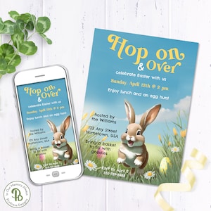Hop on Over Easter Egg Hunt Invitation Template, Digital Invite, Spring Church Flyer, Easter Egg Hunt Invite, Editable, Printable ZES 31006