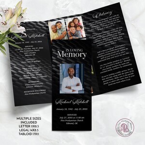 May include: A black and white memorial card with a photo of a man and family photos. The card includes the text "In Loving Memory" and details of a memorial service, including the date, time, and location.