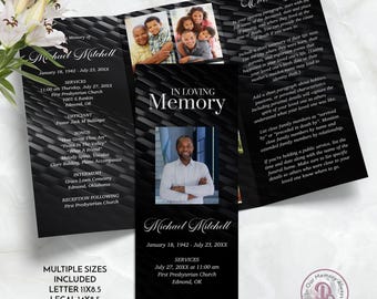 Black Trifold Funeral Program, Obituary Template, Minimalist Celebration of Life Program, Memorial Service, Templett QFP3 21288