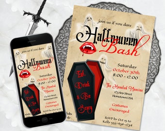 Editable Vampire Halloween Costume Party Invitation, Adult Halloween Digital Invite, Edit in Templett, ZHL 20102