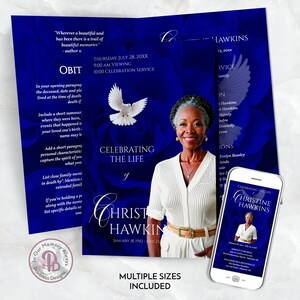 May include: A blue and white funeral program template with a dove and a photo of a woman. The program includes the text "Celebrating the Life of Christine Hawkins" and the dates "January 18, 1942 - July 21, 20XX". The program also includes the text "Multiple Sizes Included".